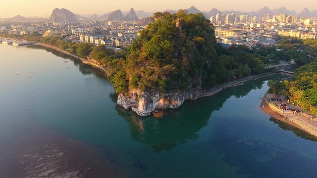 Aerial view of Elephant Trunk Hill and Xiangshan Scenic Area, Guilin, China
