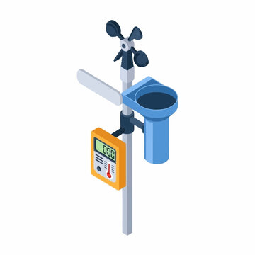 Isometric illustration of a weather station with anemometer, rain gauge, and digital thermometer on a pole, isolated on white.
