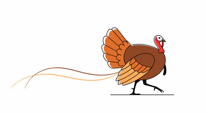 Dynamic cartoon drawing depicts a fast-moving turkey leaving a humorous trail of feathers behind, conveying a sense of urgency and fun