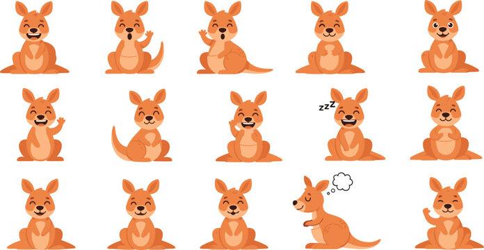 Collection of fifteen cartoon kangaroo illustrations with expressive emotions and playful gestures for wildlife and character vector design projects