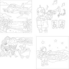 Obraz premium Imaginative coloring book designs: airplane, robot musician, ice cream, and astronaut on moon illustrations, tropical island