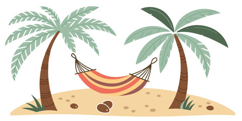 Obraz premium A hammock between two palm trees on a sandy beach Vector