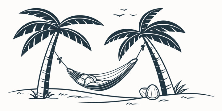 A hammock between two palm trees on a beach Vector