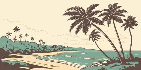 Obraz premium A tropical beach with palm trees on the shore Vector
