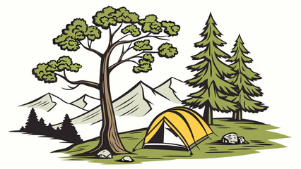A yellow tent pitched under a tree in a mountainous landscape Vector ©  MST RABEYA  BEGUM