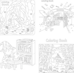Obraz premium Children's coloring book collection: dinosaur cave, police station, wizard bear, underwater submarine scenes, kids activity