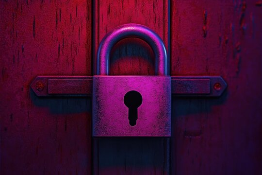 metal padlock and hasp secured to weathered wooden door bathed in moody purple and magenta neon light, evoking mystery and guarded secrecy