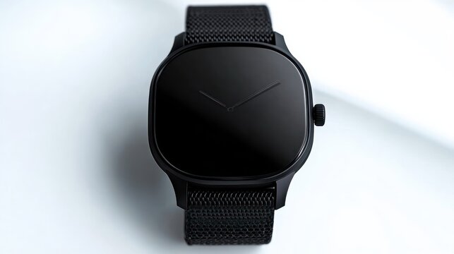 Close-up of a sleek matte black minimalist wristwatch with rounded square face, subtle thin hands, crown and textured black nylon strap on a white background conveying modern elegance