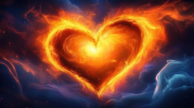 A blazing heart of fire with a glowing core, swirling flames and embers set against a blue cosmic nebula, evoking intense passion and warmth