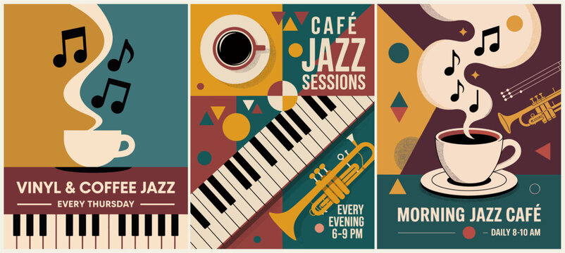 Jazz and coffee blend in vibrant, retro-inspired posters. Musical notes float beside coffee cups and instruments. Piano keys and brass trumpets evoke live jazz energy