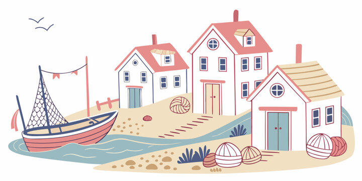 A small village by the sea with houses and a boat Vector