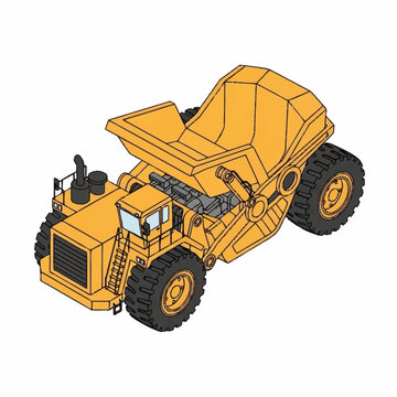 Isometric illustration of a yellow articulated dump truck on a white background.