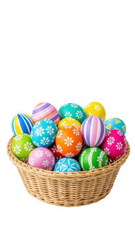 Colorful decorated Easter eggs in a wicker basket isolated on transparent background