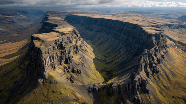 Dramatic aerial view of a vast, rugged canyon with steep cliffs and sparse vegetation under a cloudy sky.