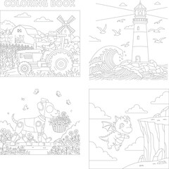Obraz premium Children's line art coloring set: farm scene, lighthouse, robot dog & cliff dragon adventure, coloring book, outline drawing