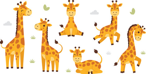 Cute Giraffe Vector Illustration Set Featuring Adorable African Safari Animals in Standing, Sitting, and Jumping Poses for Wildlife Nature Graphics and Kids Designs. © MstSuborna