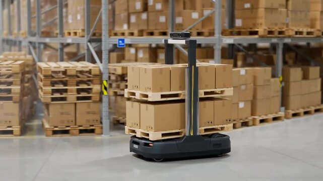 Warehouse robot autonomous forklift pallet stack cardboard box logistics automation industrial storage distribution center supply chain smart warehouse indoor vehicle automated pallet mover cargo