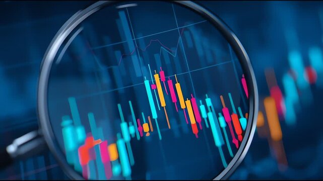 Close up of magnifying glass analyzing colorful financial stock market candlestick chart and data