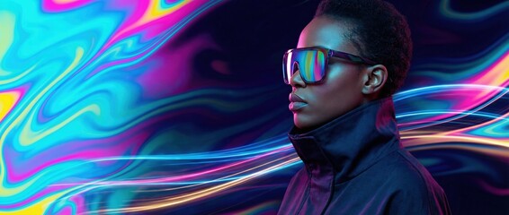 Fototapeta premium Dynamic fashion statement urban cityscape portrait photography colorful abstract background side view futuristic aesthetics for modern trends