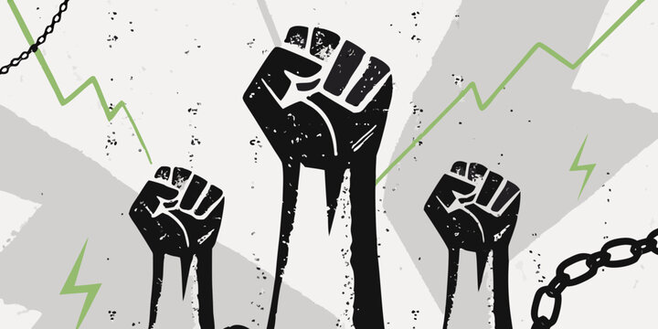 Raised fists breaking chains symbolizing strength and resistance