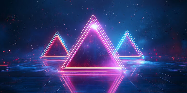 Futuristic Neon Triangle Portal with Pink Purple and Blue Glowing Lights Reflecting on Water Cyberpunk Digital Art