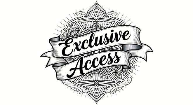 Ornate vintage crest illustration featuring a scroll banner with 'Exclusive Access' text, symbolizing premium membership and restricted entry for VIP content