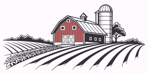 A red barn and silo on a farm with a field Vector ©  MST RABEYA  BEGUM