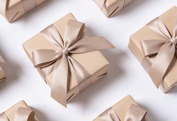 Brown gift boxes with satin ribbon bows arranged evenly on white background