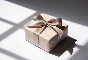 Fototapeta premium Single beige gift box with bow casting dramatic shadow and light patterns