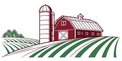 A red barn and silo on a farm with green fields Vector ©  MST RABEYA  BEGUM