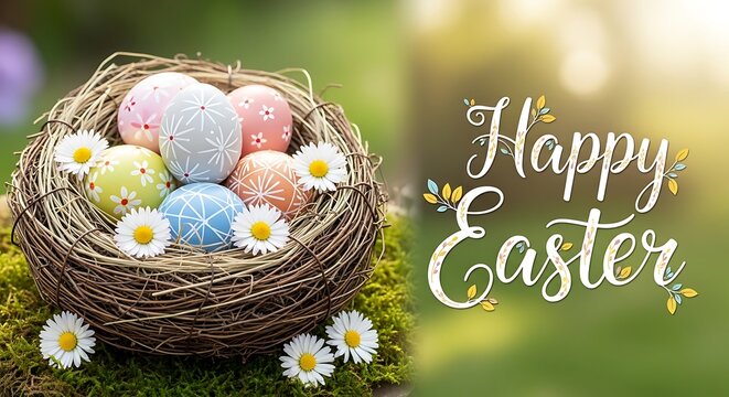 Happy easter day celebration with colorful eggs in a nest