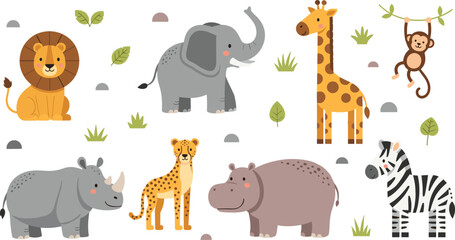 Fototapeta premium African Safari Animals Vector Illustration Set Featuring Lion, Elephant, Giraffe, Monkey, Rhino, Cheetah, Hippo, and Zebra for Wildlife Nature Graphics and Kids Designs.