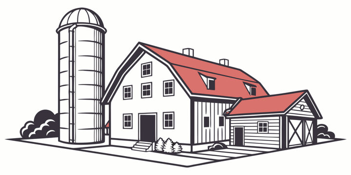 A white barn with a red roof and a silo Vector