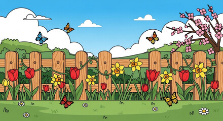 Obraz premium A colorful vector illustration of a wooden fence with vibrant flowers and butterflies in a serene garden setting