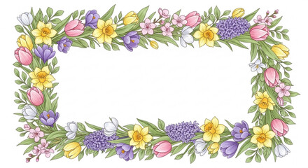 Obraz premium A colorful floral border frame with a mix of tulips, daffodils, and other flowers in pastel shades, perfect for decorating and adding a touch of spring to any design