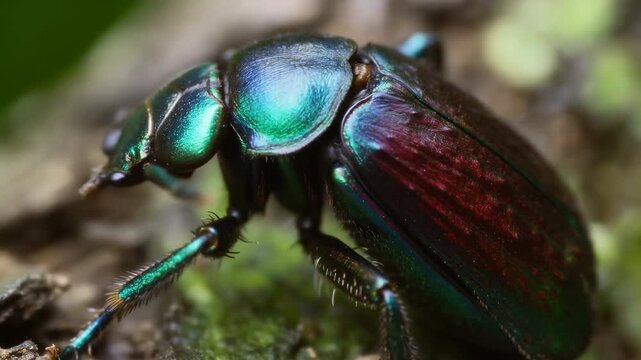 Bright Metallic Beetle On Moist Tree Bark. Closeup Of Iridescent Beetle Moving Across Damp Forest Ground