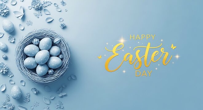 Happy easter day wishes with blue easter eggs in a nest