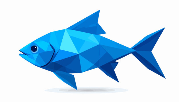 A blue fish rendered in a modern low-poly geometric art style, swimming gracefully.
