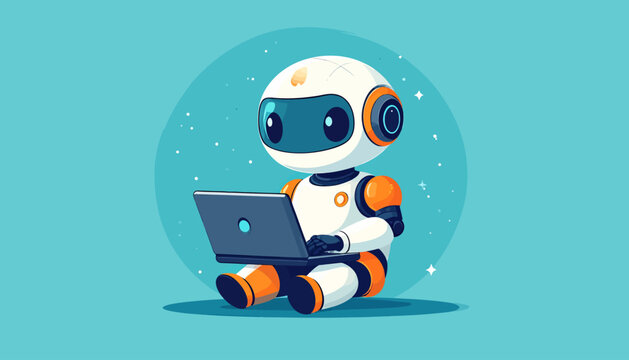 Cute robot with a laptop, symbolizing technology and artificial intelligence in a digital world