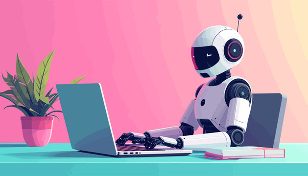 A white humanoid robot with an antenna sits at a teal desk, typing on a silver laptop next to a potted plant, against a pink and orange gradient background.