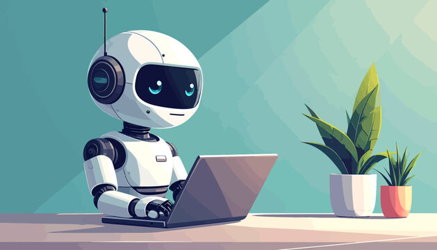 A friendly white robot with blue eyes sits at a desk, diligently working on a laptop next to two potted plants.