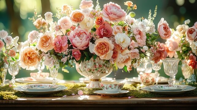 sunlit romantic outdoor table with abundant pink and peach roses and peonies in an ornate porcelain vase, vintage china, teacups and crystal glasses on a moss-covered wooden table