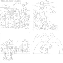 Obraz premium Charming children's coloring book pages: farmer, lighthouse, town train, and cute dragon scenes, chicken coop, ocean waves