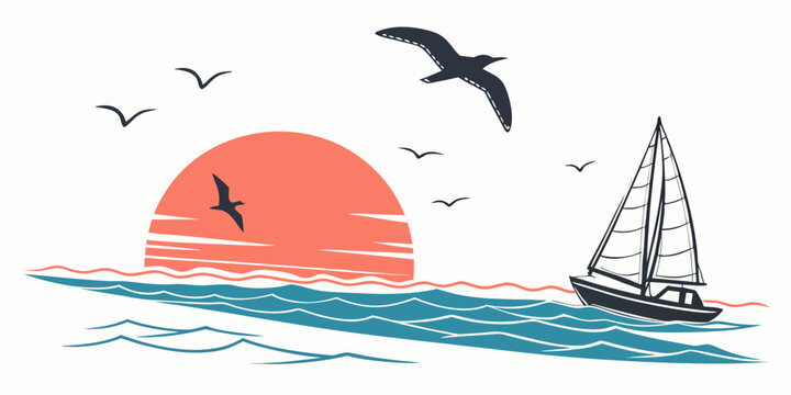 A sailboat on the water during sunset Vector