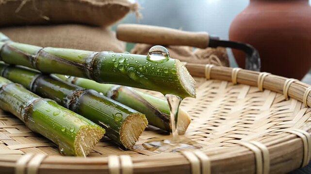 Freshly cut green sugarcane stalks with water droplets resting on a traditional woven tray showcasing indian agricultural harvest.