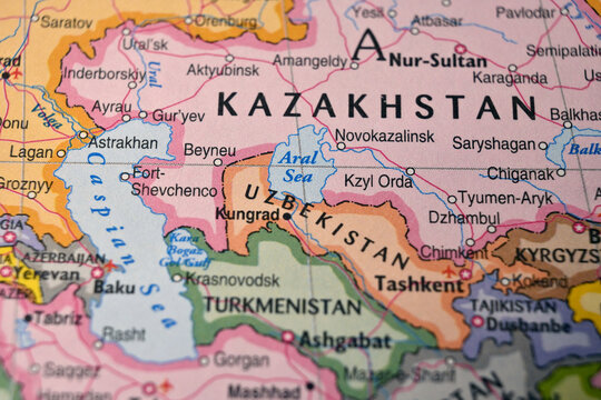 Aral Sea Kazakhstan on World Map Close Up Macro Defocused Background Geographic Image