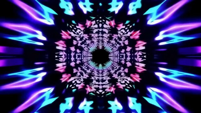 Neon Kaleidoscope Tunnel. A fast-paced journey through a psychedelic neon tunnel with glowing geometric patterns, vibrant colors, and mirrored kaleidoscopic effects.