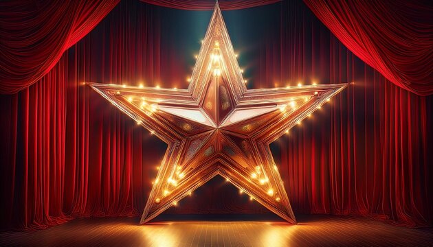 a large star with light bulbs stands on the broadway stage in front of red curtains