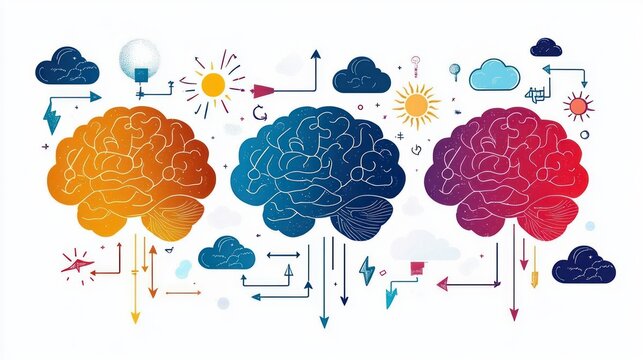 Illustration of three stylized human brains in orange, blue, and red connected by arrows, clouds, sun symbols, and various abstract elements representing thought and data flow