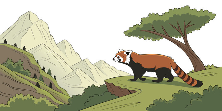 A red panda standing on a grassy hill Vector